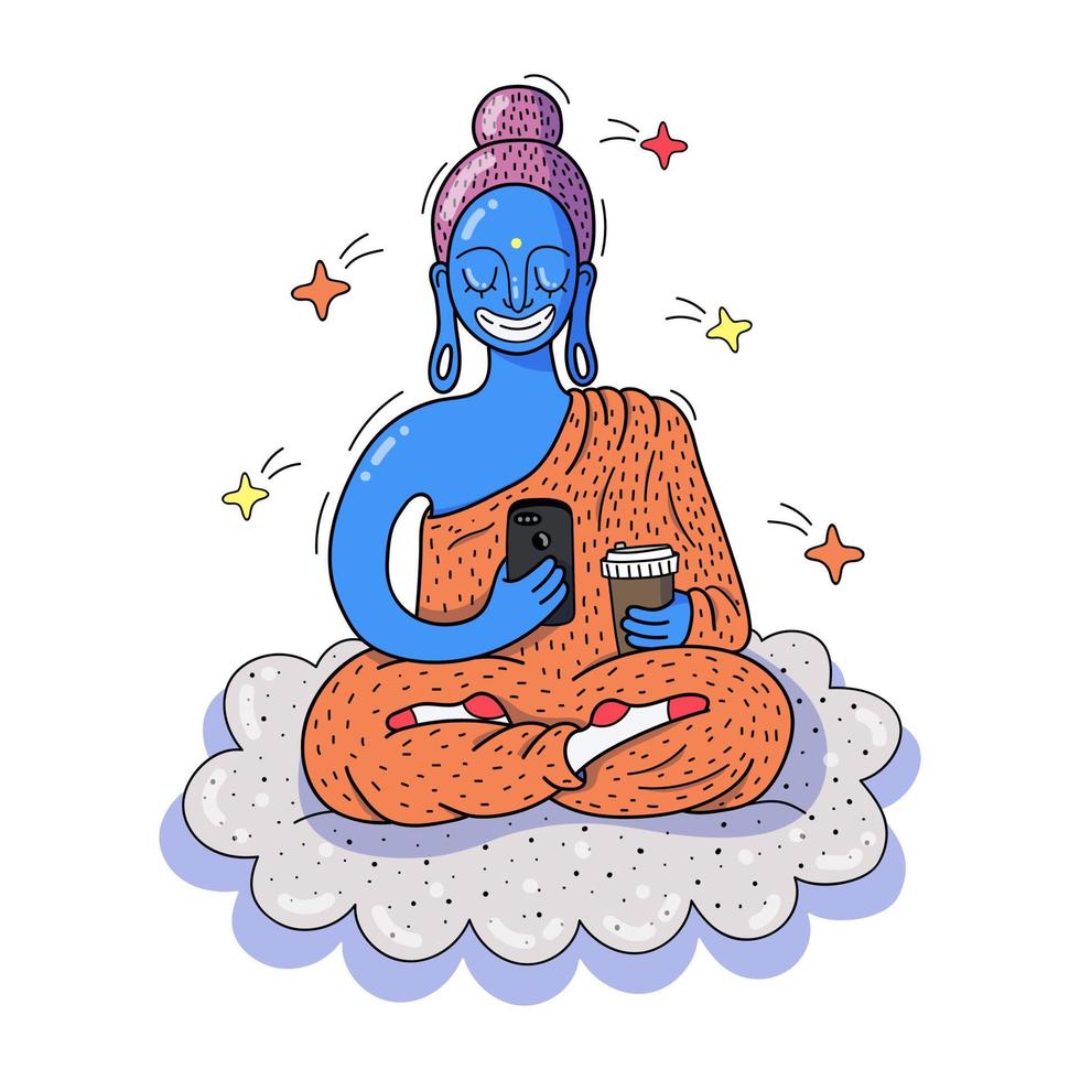 Buddha with cooffee and smartphone. Vector illustration.