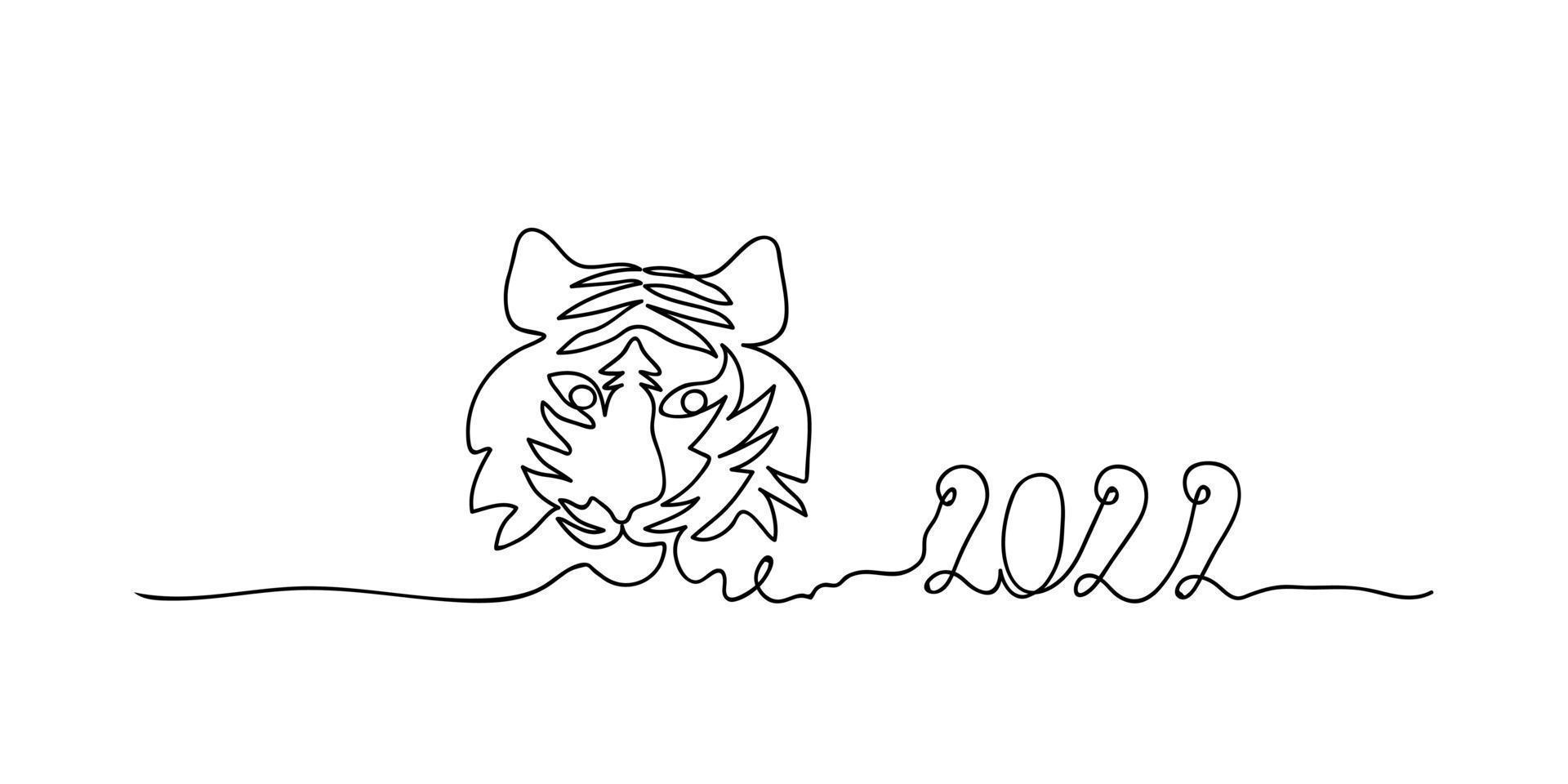 Continuous one line silhouette of a tiger on a white background.Continuous one line of New Year 2022 in silhouette. Minimal style. Perfect for cards, party invitations, posters, sticker vector