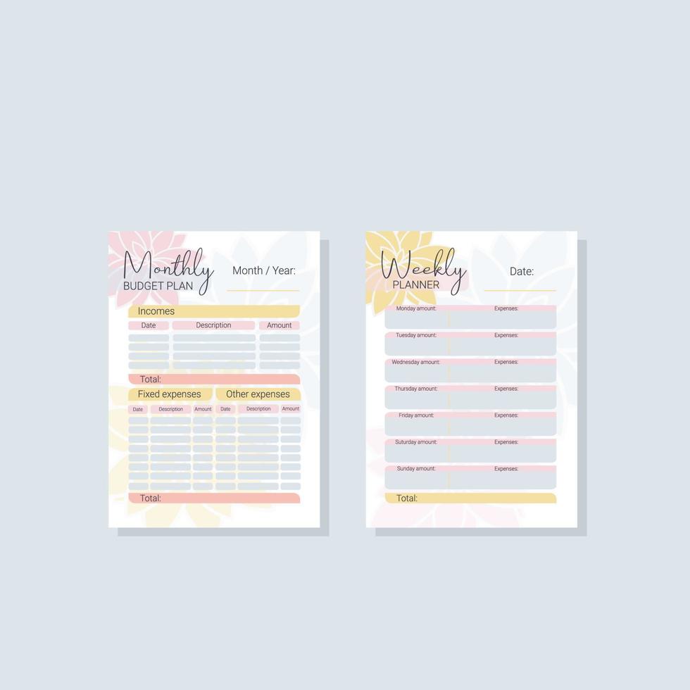 Monthly, weekly budget planner. Format A4. Business management logbook. Task planner checklist. Vector graphic set for budget organization.