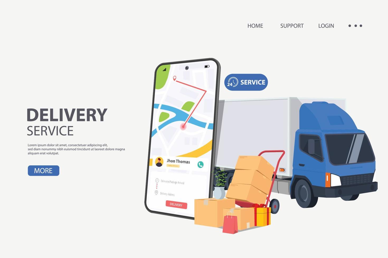 Online order tracking or freight delivery service transportation vector, flat cartoon truck automobile with warehouse parcel packages and cell phone or phone city map pin track vector