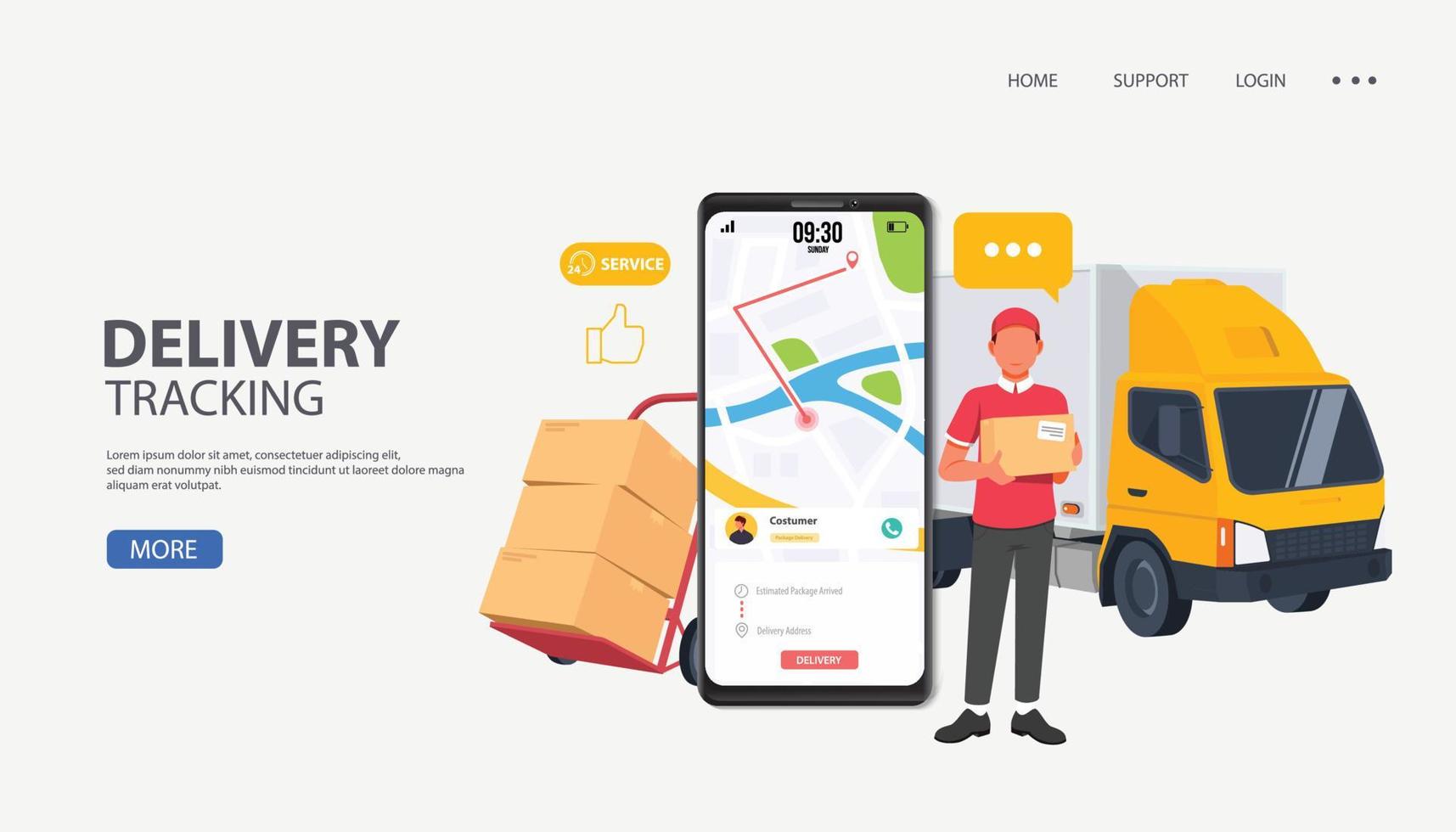 Delivery truck. Man sending delivery package with van, delivery service concept on laptop. vector
