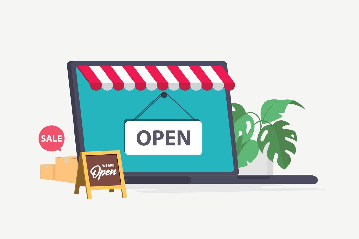 shopping online on Laptop paper art for shop open sale website retail commercial. vector