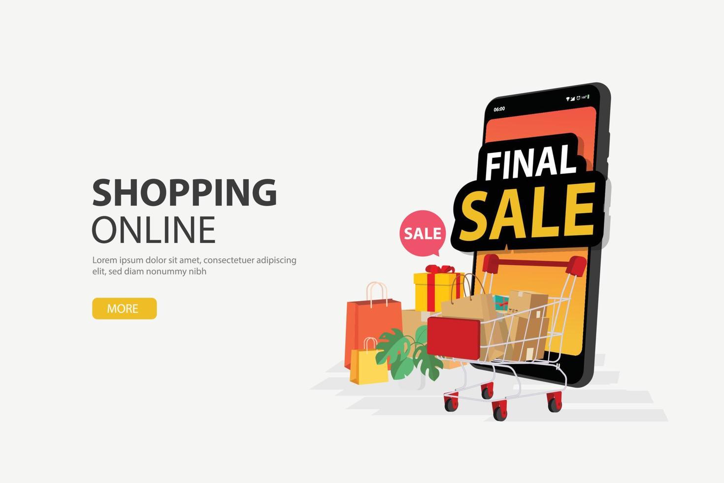 Yellow background final sale banner with gift box and trolley. Vector design