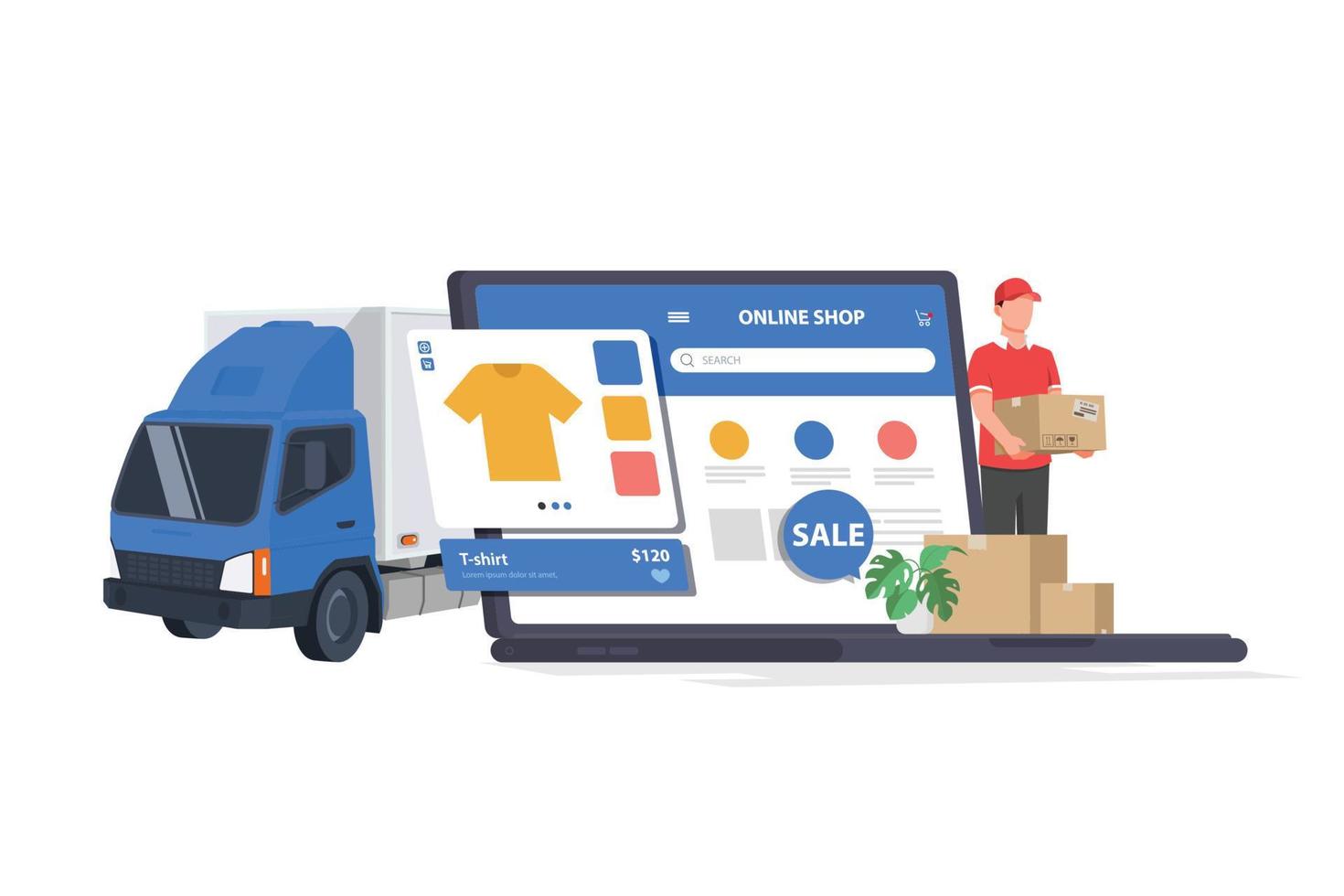 cajas de paquetes de productos y bolsa de compras en carro con computadora portátil que tienda web compra en pantalla para compras en línea y concepto de entrega vector