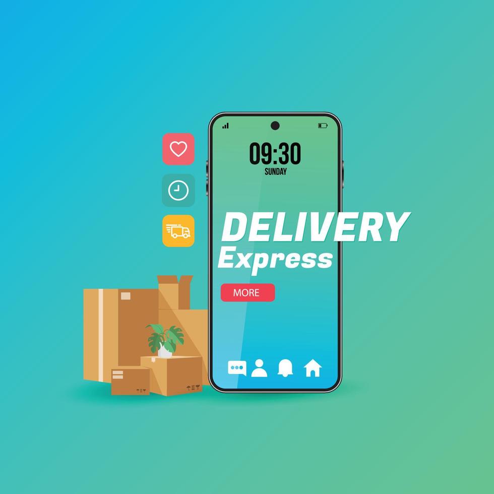 Online delivery express with smartphone concept, online order tracking, delivery home and office. Warehouse, truck vector