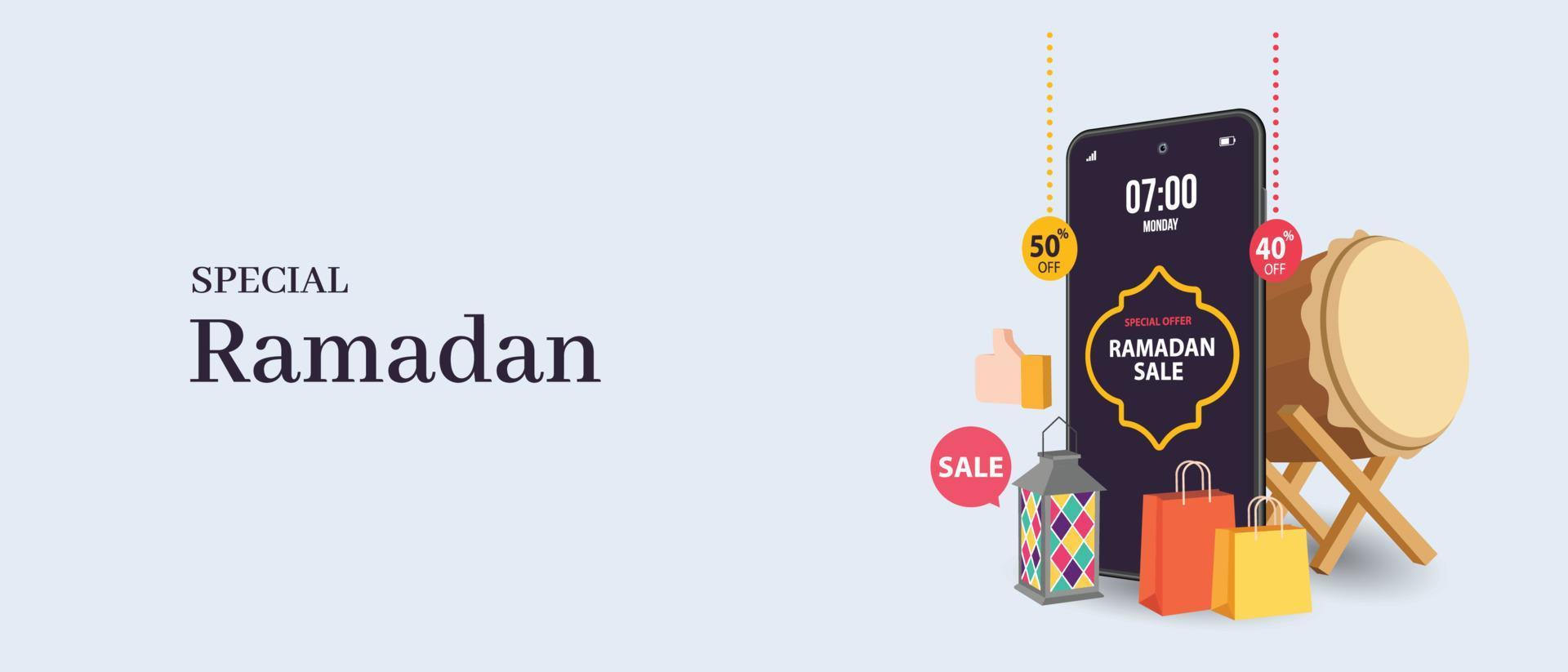 Ramadan sale, web header design with Islamic festival for banner, poster, background, flyer,illustration, brochure and sale background vector