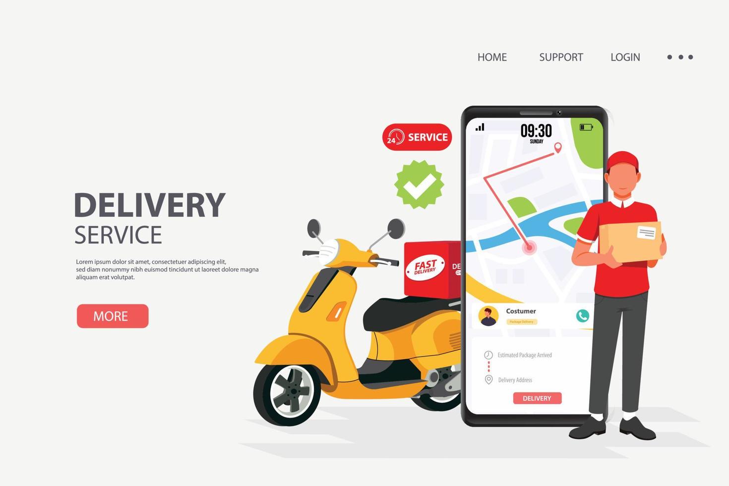 entrega rápida y gratuita en scooter. perfecto para la página de inicio, el repartidor y el sitio web de seguimiento de teléfonos inteligentes, banner, fondo, aplicación, afiche, en el móvil vector