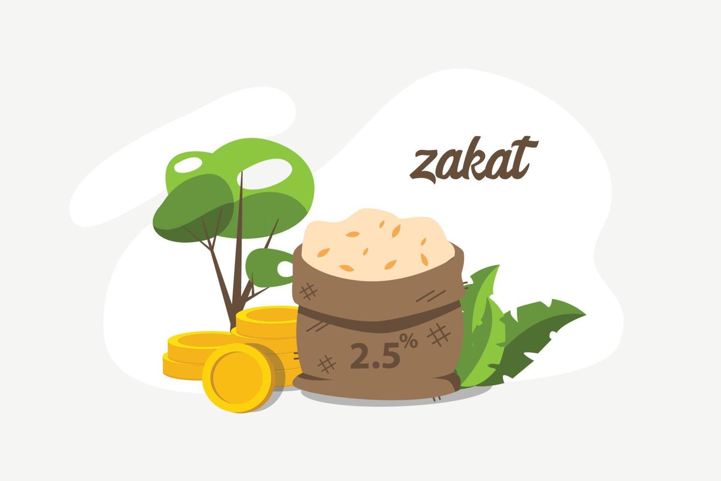 ZAKAT word coin stacked, rice grain in bowl and mini house on brown background. Muslim concept for zakat property, income and fitrah zakat. vector