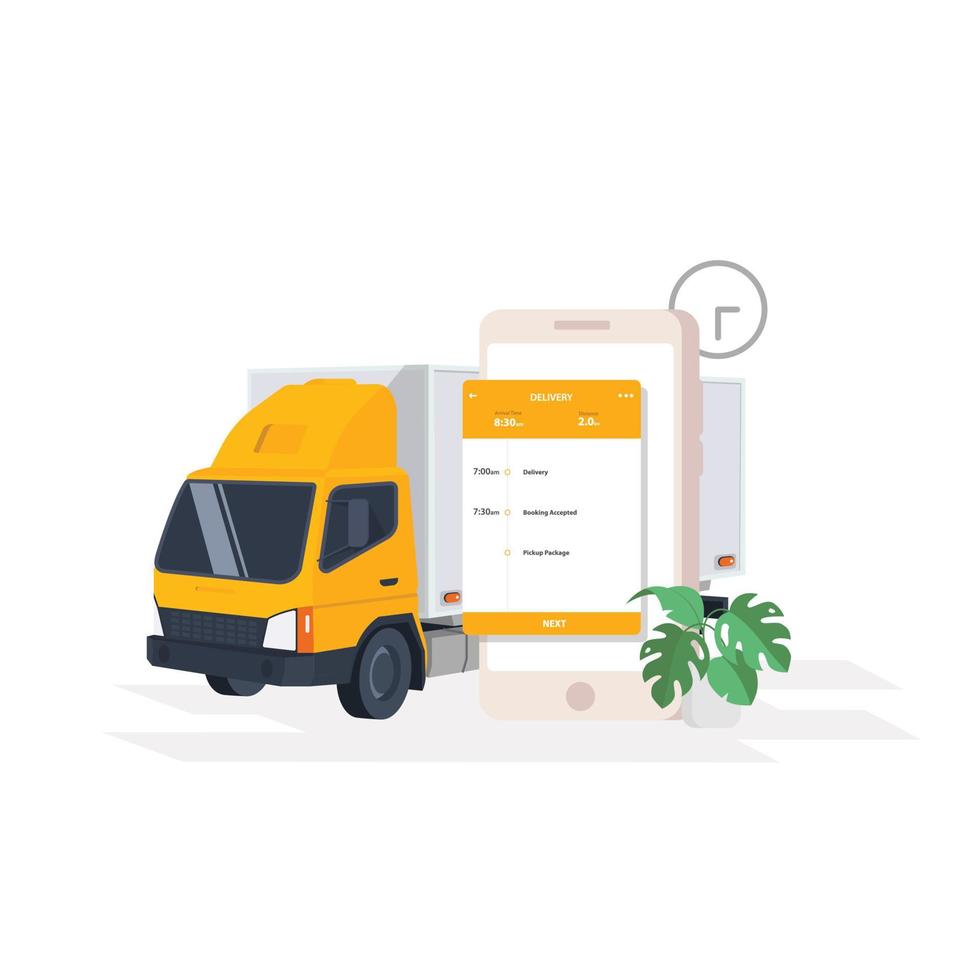 App on smartphone truck delivering a box and man tracking an order using his smartphone, city street in the background, logistics and technology concept vector