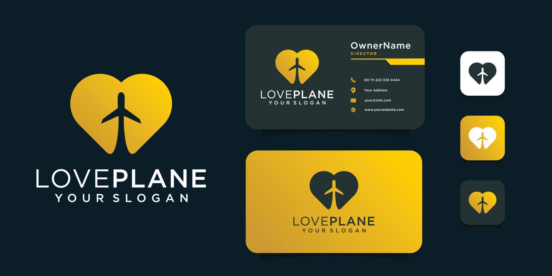 diseño de logotipo de avión de amor con plantilla de tarjeta de visita vector