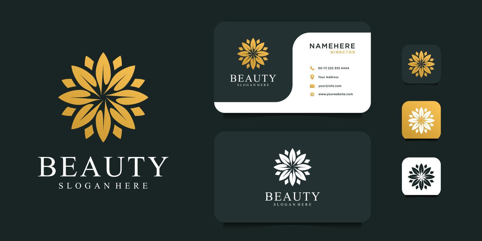 diseño de logotipo de flor de oro de belleza con plantilla de tarjeta de visita vector