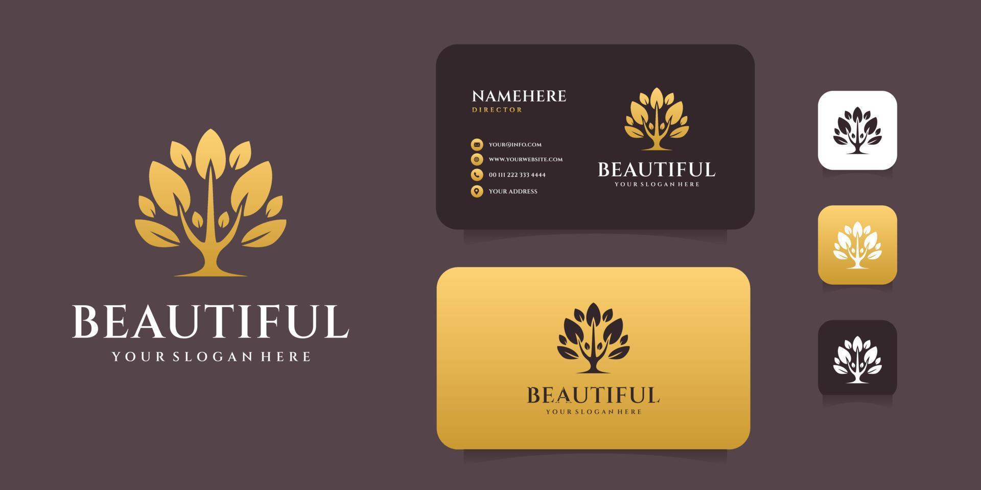 Gradient gold life tree logo design with business card template. Logo can be used for spa, decoration, business, brand, and icon vector