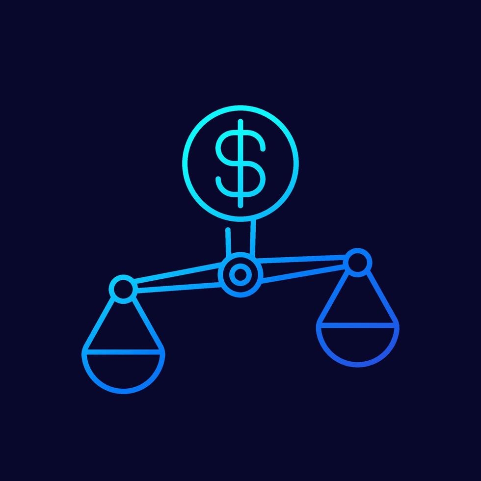 escalas y dinero, icono de línea de equilibrio financiero en la oscuridad vector