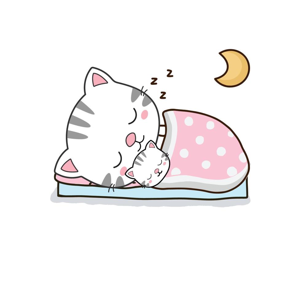 Cat mom and baby sleeping on the clouds. Cute cartoon character. vector