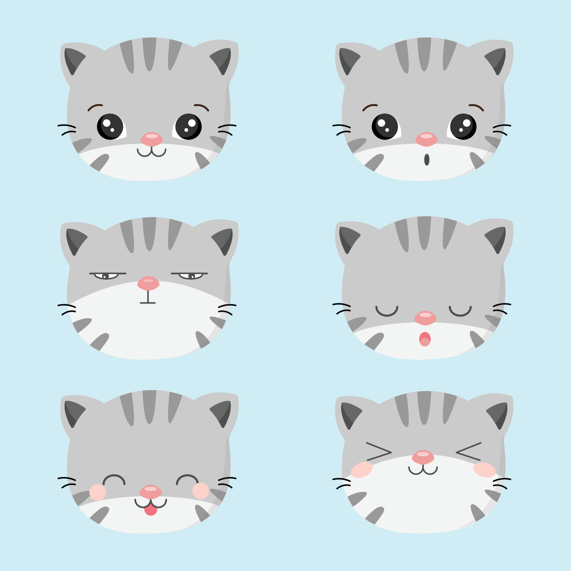 Kawaii Cute Cat Face with Ears. Positive Emotions. Cartoon Vector