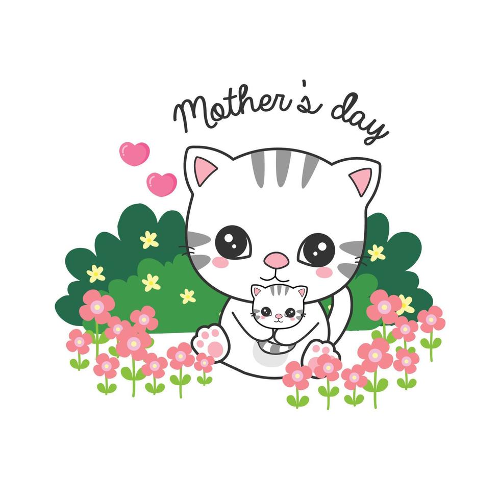 Lindos gatos para el día de la madre. gatos mamá y bebé en el campo de flores. vector