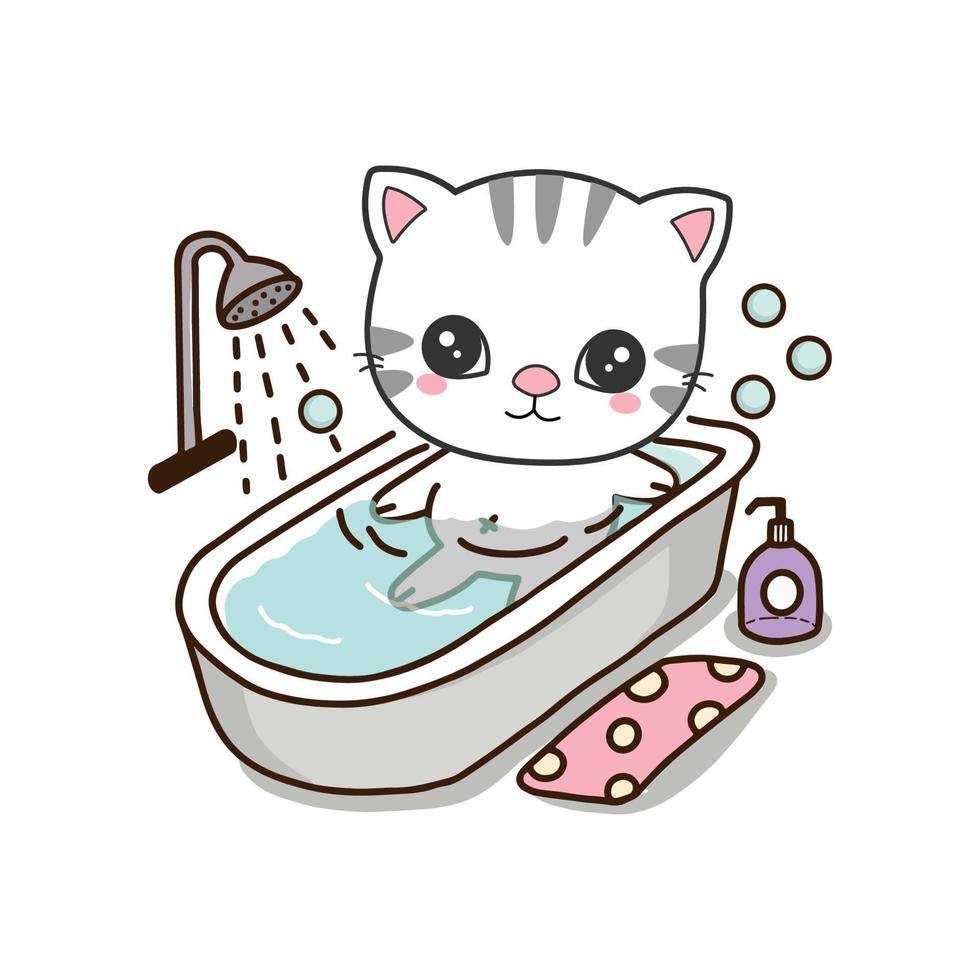 lindo gato tomar un baño en la bañera. lindo personaje de dibujos animados. vector