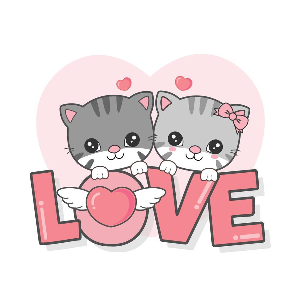 Cute cat in love for Valentine day. Animal cartoon style. vector