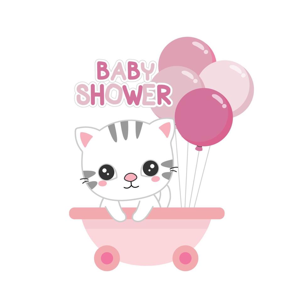 tarjeta de felicitación de baby shower con gato bebé y globo. vector