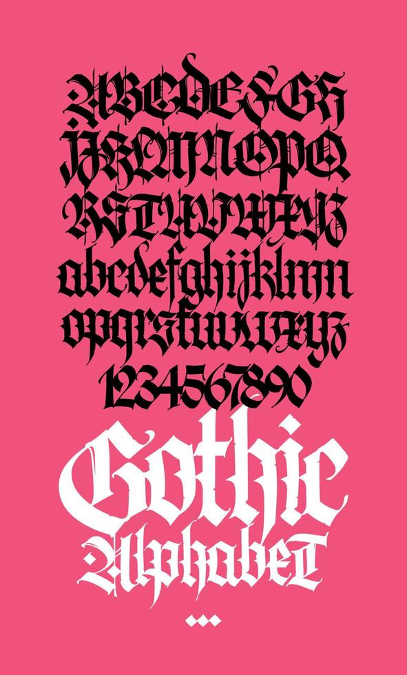 Gothic. Vector. Uppercase and lowercase letters on a pink background. Beautiful and stylish calligraphy. Elegant European typeface for tattoo. Medieval modern style. Letters and numbers. vector