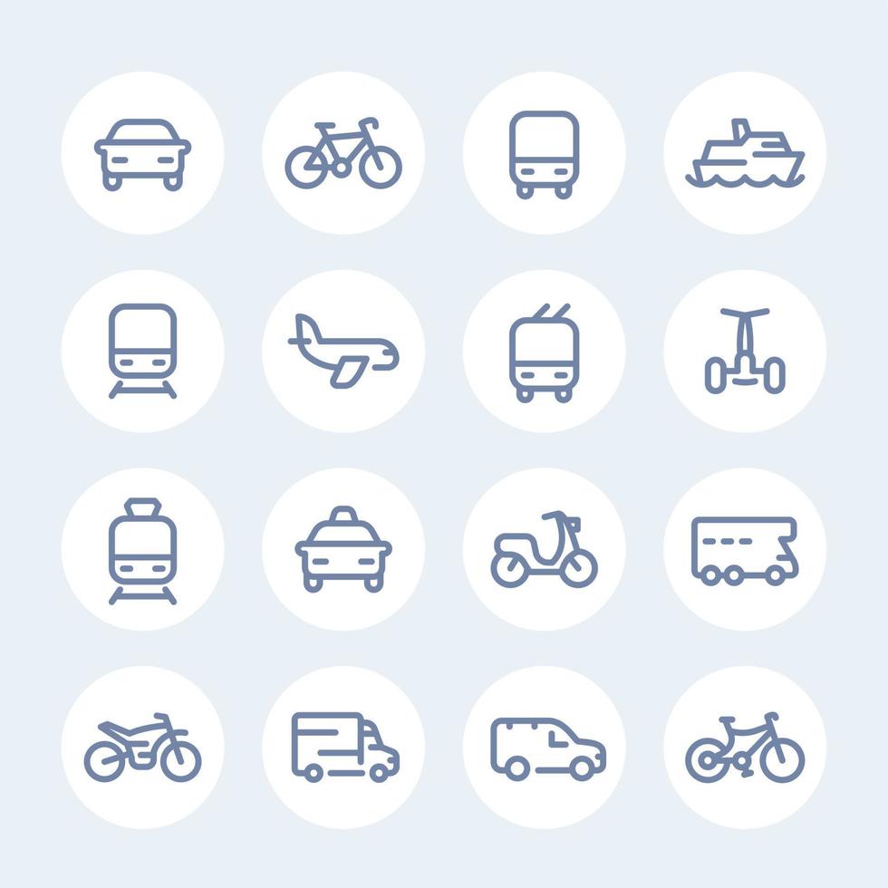 iconos de línea de transporte en círculos, coche, barco, tren, avión, furgoneta, bicicleta, moto, caravana, autobús, taxi, trolebús, metro vector