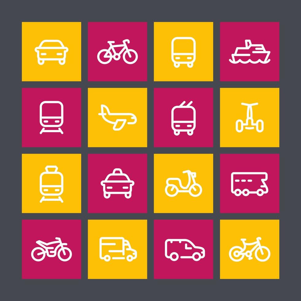 Transport line icons, ship, train, airplane, bike, car, motorbike, camper, bus, taxi, trolleybus, subway, air and maritime vector
