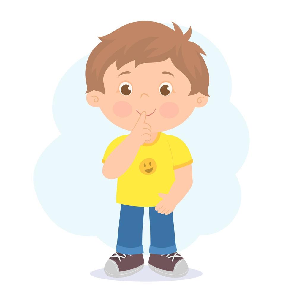 Cute kid teen boy show facial expression. Silence. vector