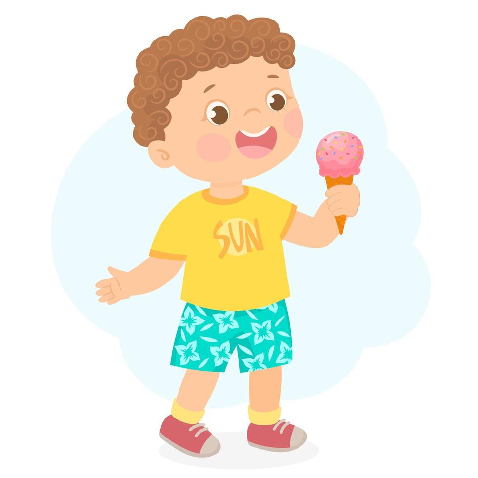 Little boy with ice cream, eating ice cream in summer day. vector