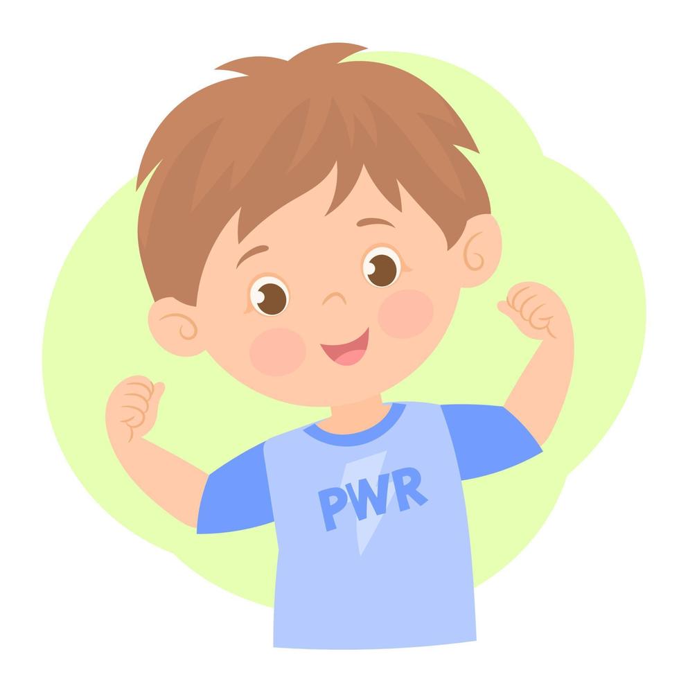 Funny little power super hero kid showing muscles, Strength, confidence or defense from bullying vector