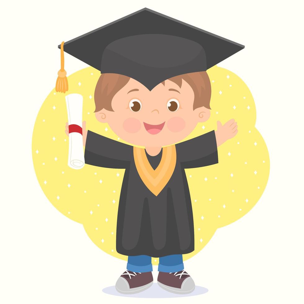 Cute boy graduates, dressed in cap and gown, with diploma in hand. vector