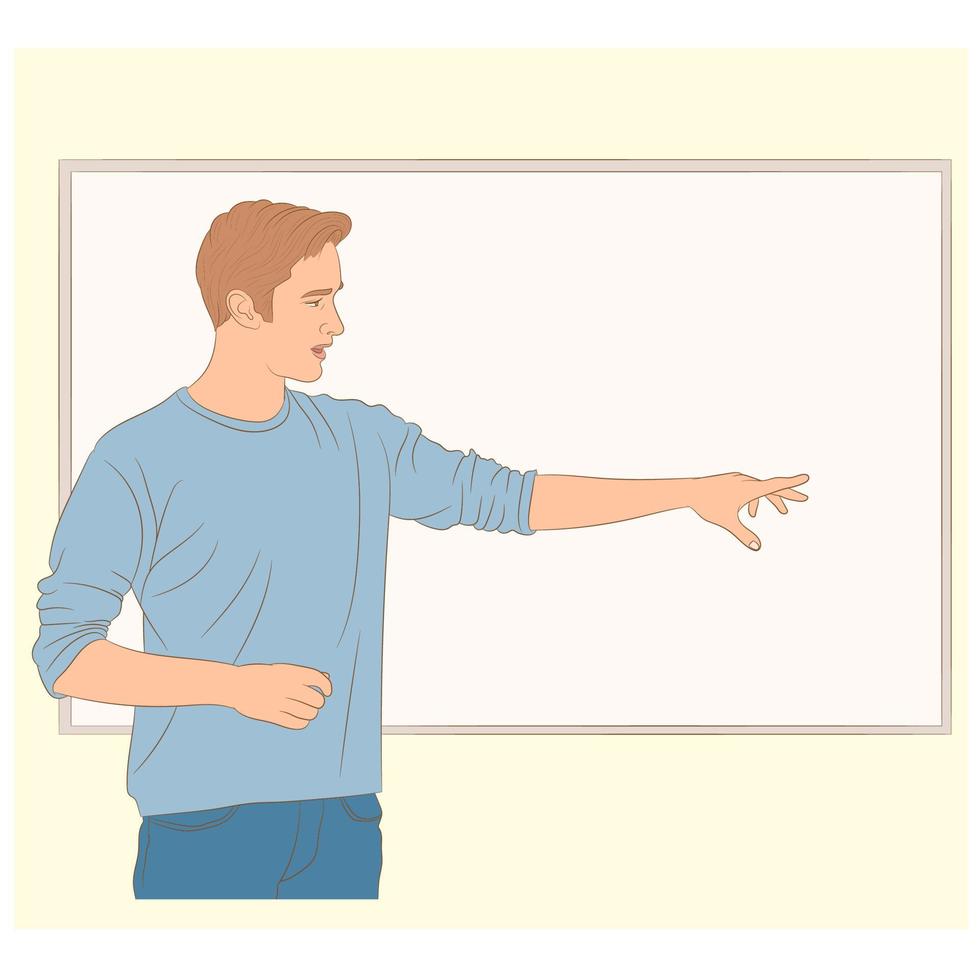 Teacher or student pointing to whiteboard at school vector