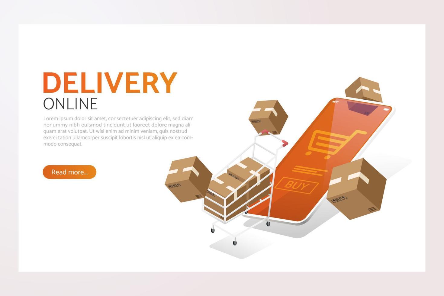 Shipping box floats from a shopping cart that comes out of smartphone. vector