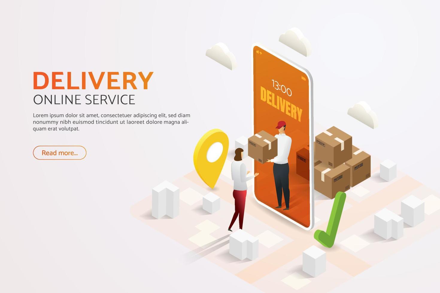 Employees deliver goods to customers via smartphones on the map. vector