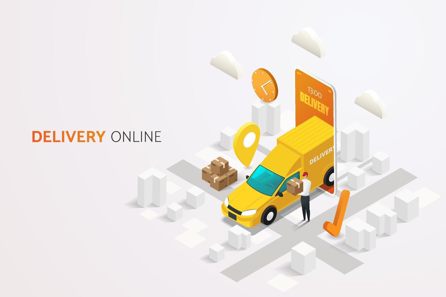 Delivery man with delivery truck and delivery box online delivery service on mobile phone vector