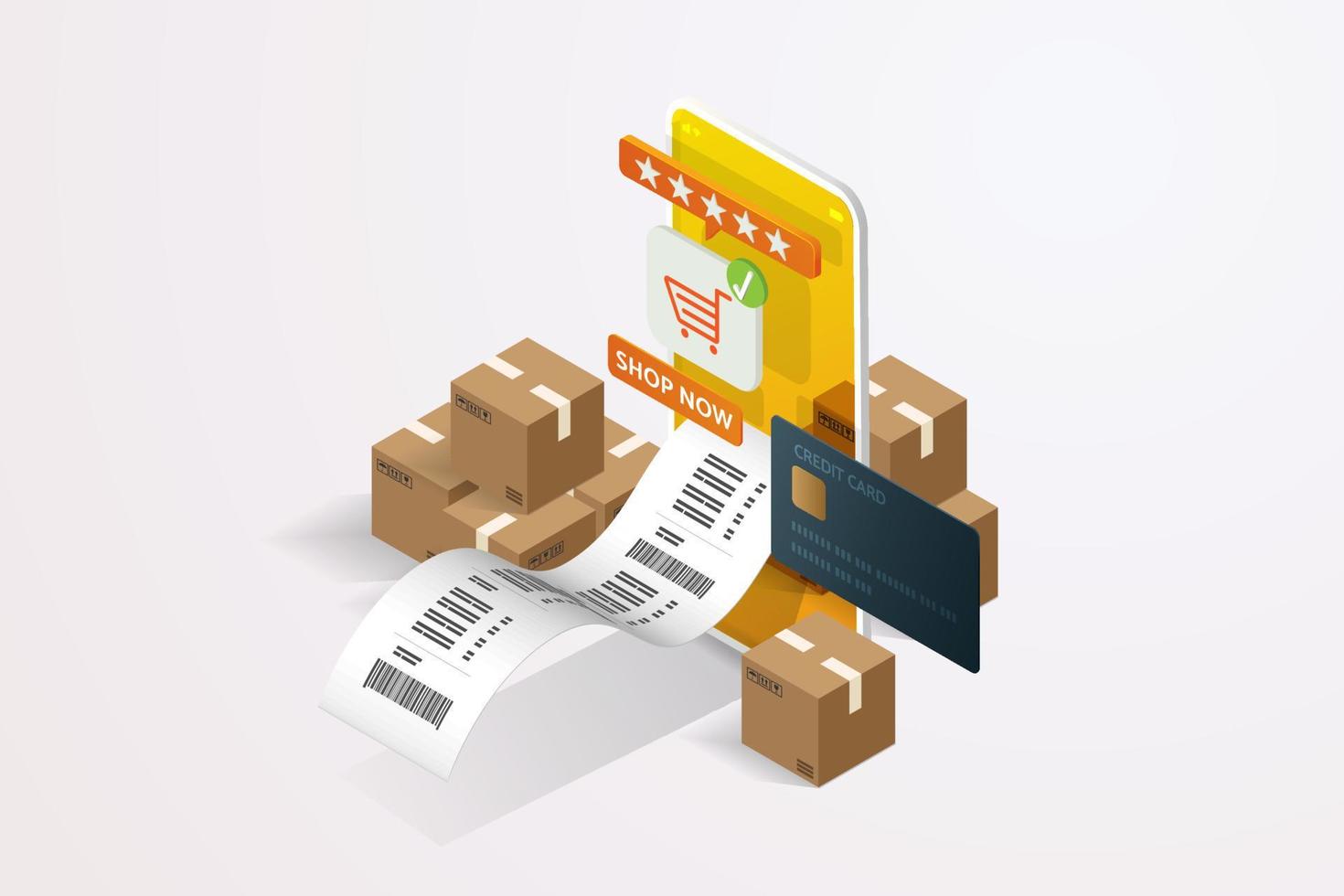 Online shopping via smartphone application, vector