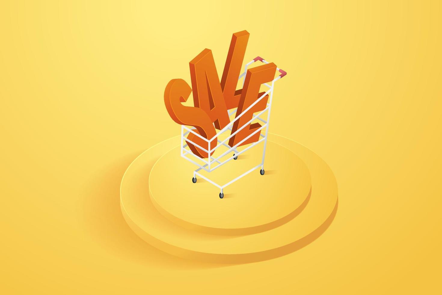 Online shopping, 3D text sale in cart on podium vector