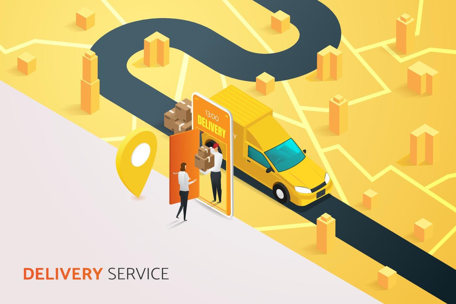 Employees deliver goods to customers via smartphones on the map. vector