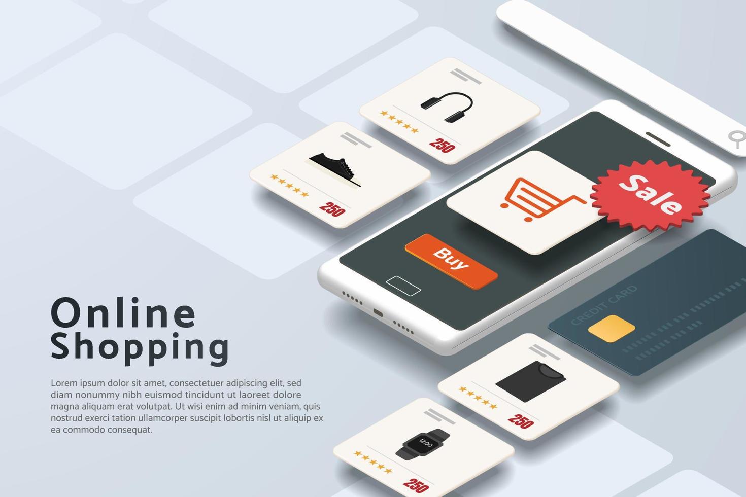 Online shopping via smartphone on white gray background. vector
