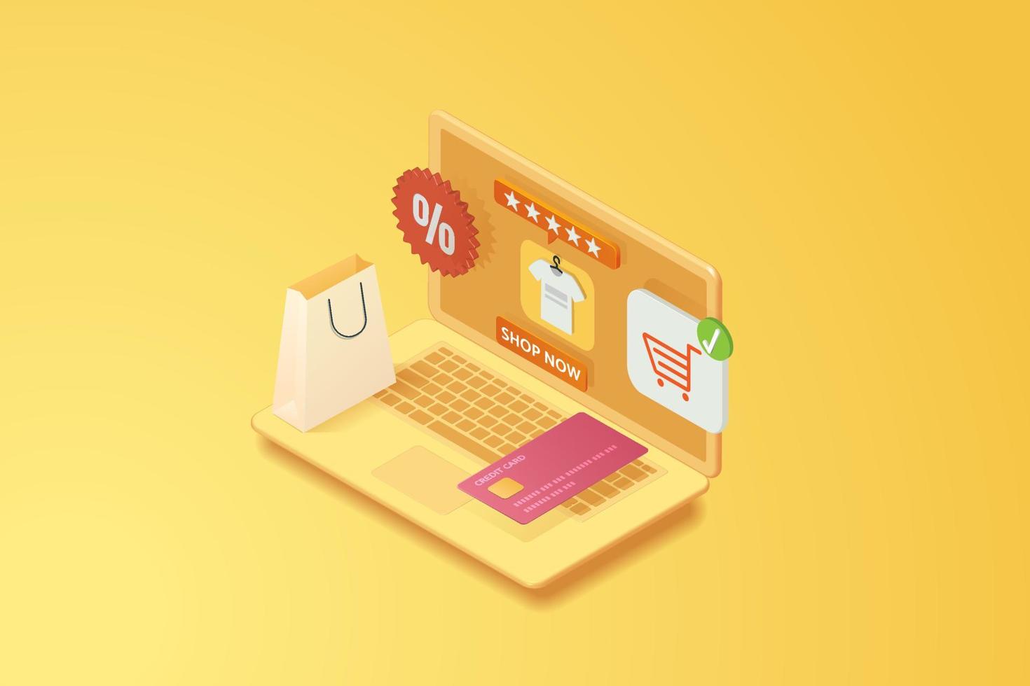 Online shopping discount, paper bags, credit card in front of laptop vector