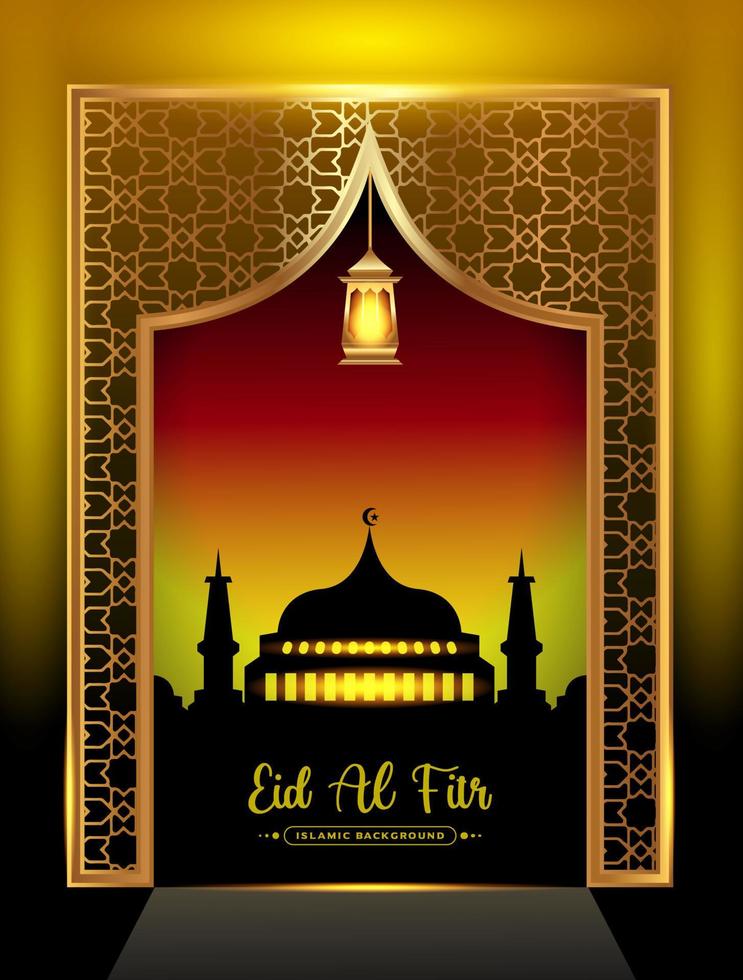 Eid mubarak islamic design mosque door and golden lantern on shiny background vector