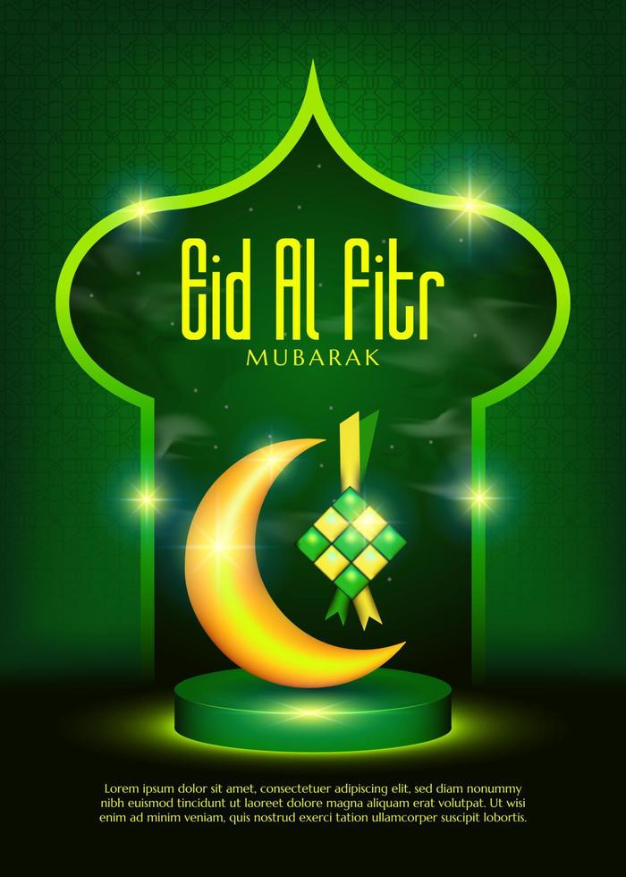 Illustration of podium crescent moon and light ketupat for Eid in Islamic style vector