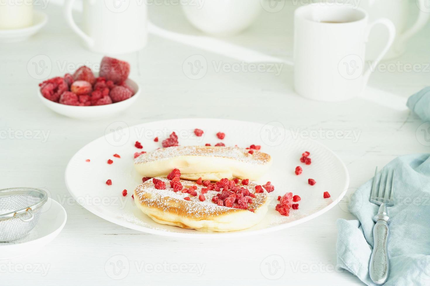 Fluffy japanese pancake, thick souffle. Trendy food. Delicious Breakfast photo