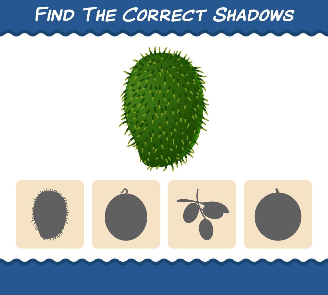 Find the correct shadows of cartoon soursops. Searching and Matching game. Educational game for pre shool years kids and toddlers vector