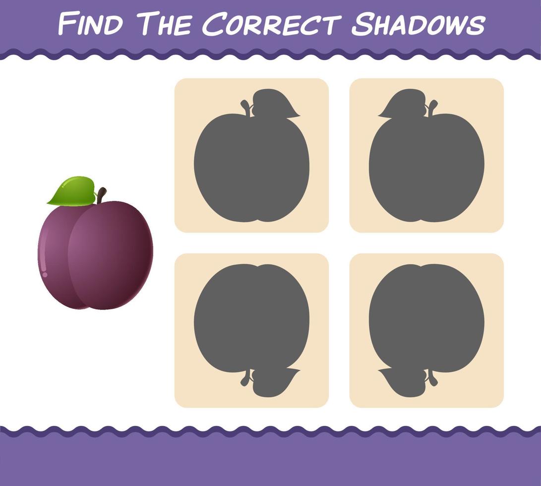 Find the correct shadows of cartoon plums. Searching and Matching game. Educational game for pre shool years kids and toddlers vector