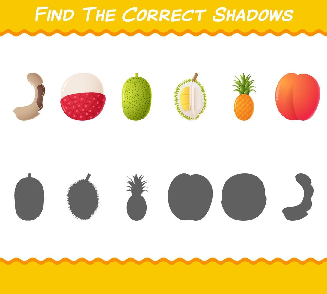 encuentra las sombras correctas de las frutas de dibujos animados. juego de búsqueda y combinación. juego educativo para niños de edad preescolar y niños pequeños vector