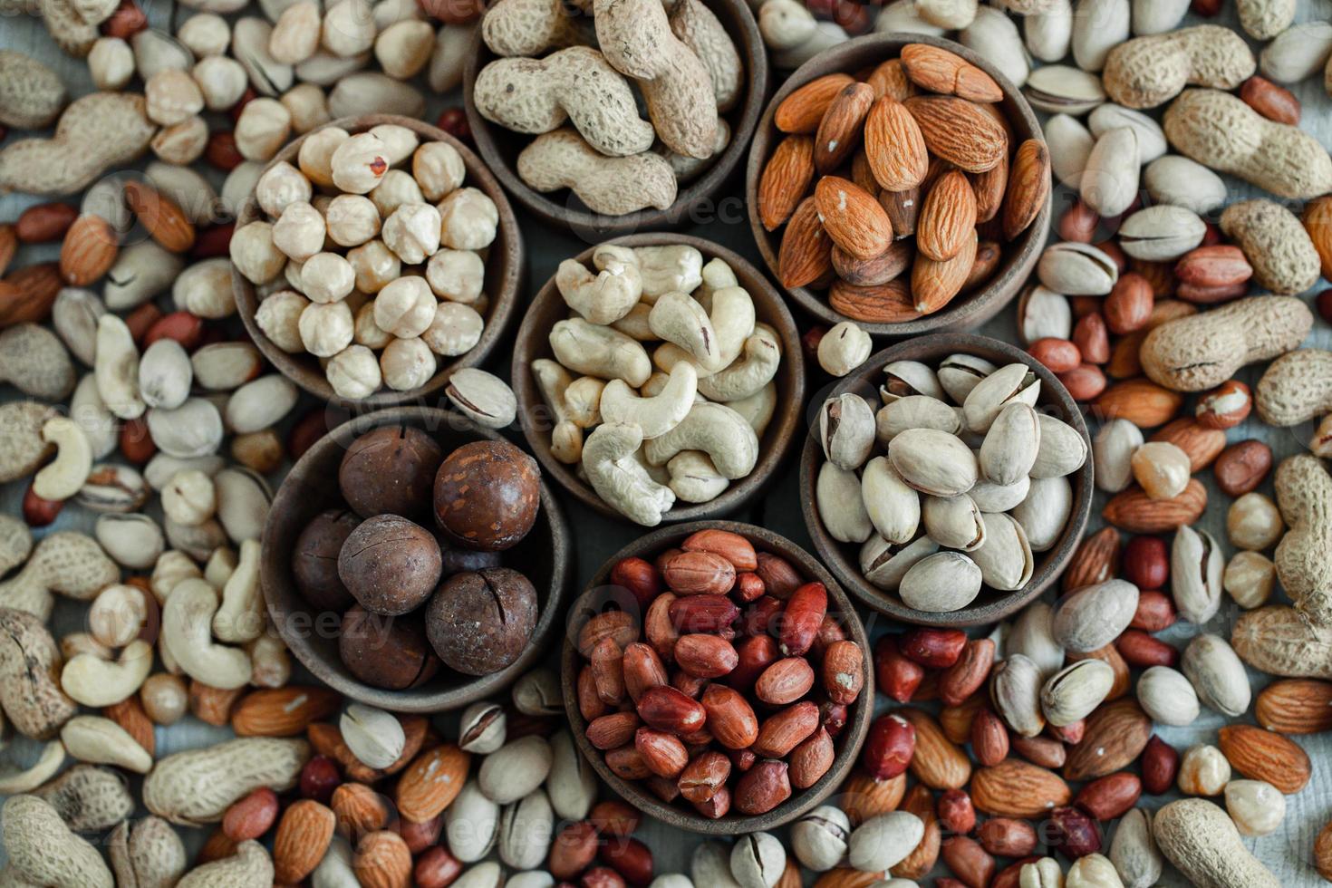 Assorted nuts for a background Almond, walnut,cashew, pistachios, hazelnuts, peanuts, Macadamia Collection of different varieties of nuts. Composition with dried fruits Healthy food. Organic. photo