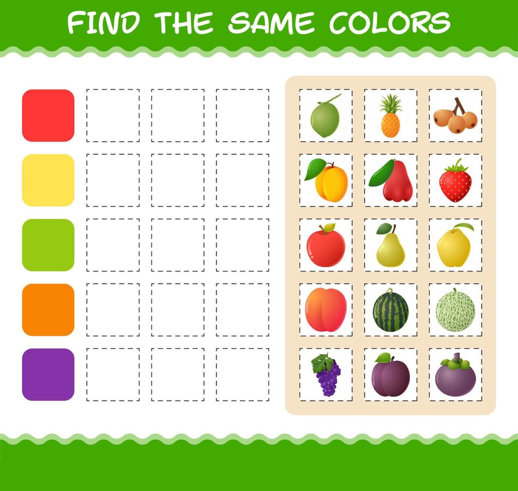 Find the same colors of fruits. Searching and Matching game. Educational game for pre shool years kids and toddlers vector