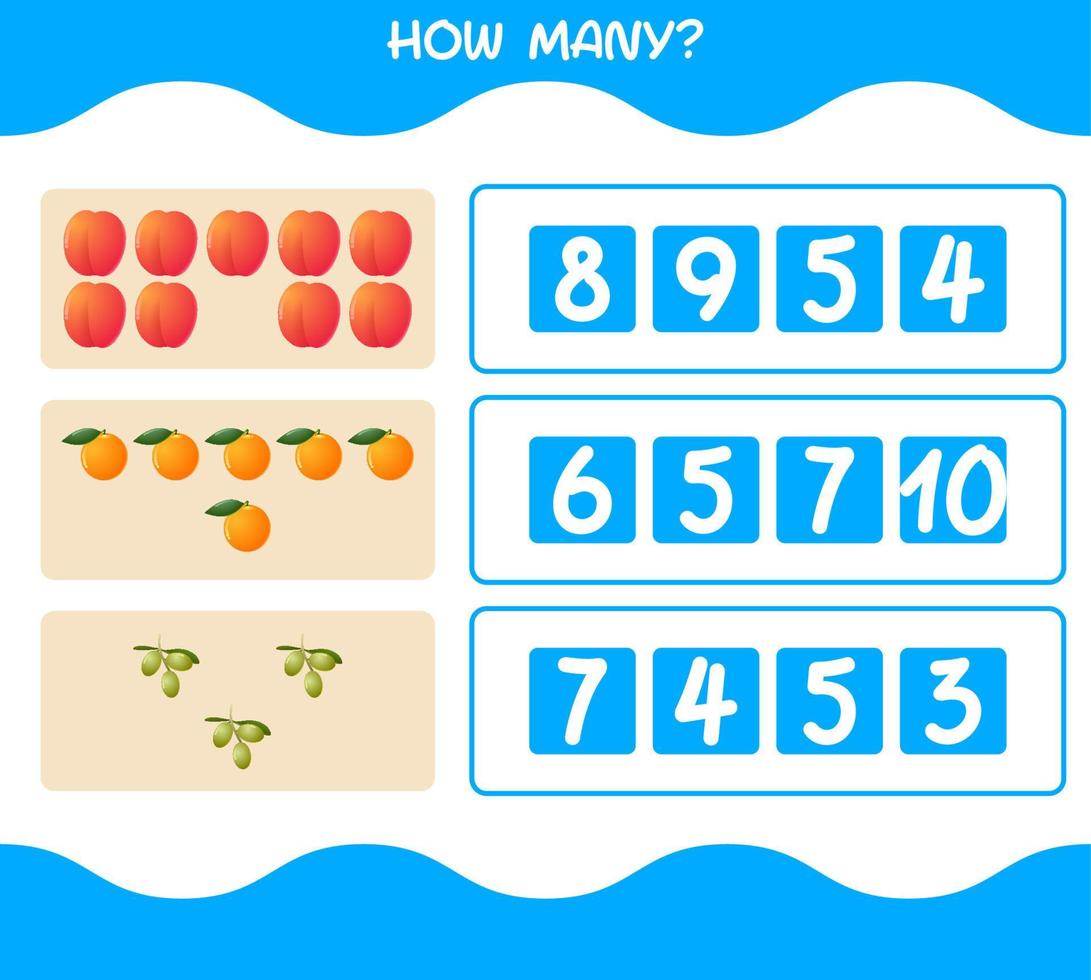 How many cartoon fruits. Counting game. Educational game for pre shool years kids and toddlers vector