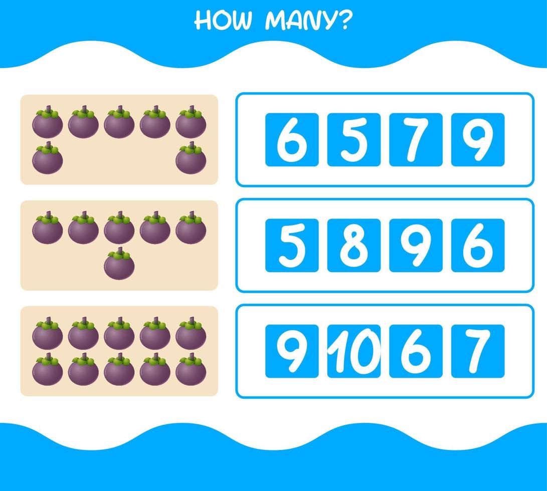 How many cartoon mangosteen. Counting game. Educational game for pre shool years kids and toddlers vector