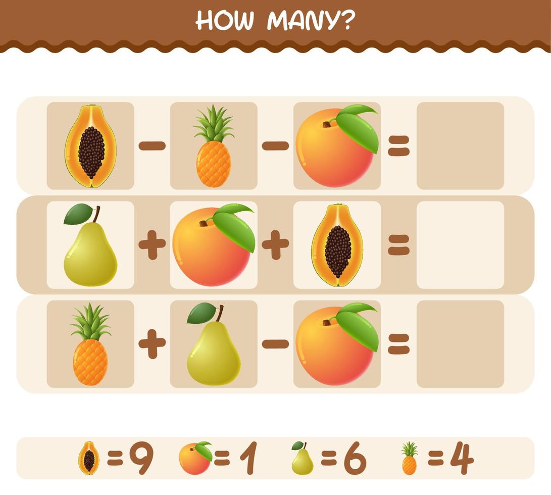 cuántas frutas de dibujos animados. juego de conteo juego educativo para niños y niños pequeños en edad preescolar vector